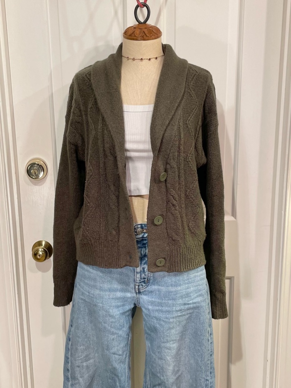 Anthropologie Shawl Collar Cable Knit Button-Up Sweater - Olive Green